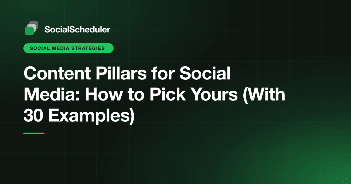 Five labeled content pillar cards feeding into a weekly social media calendar