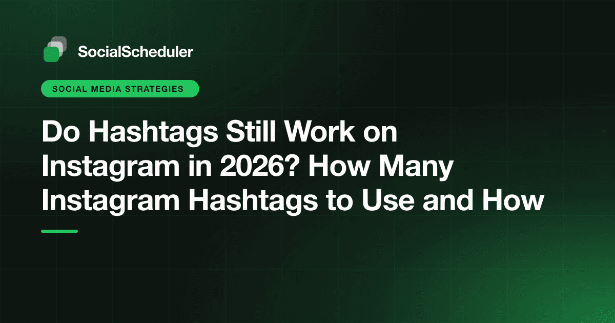 An Instagram caption with five hashtags highlighted next to a search results screen