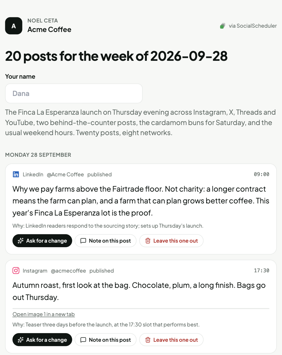The client review page for Acme Coffee under the agency's name: the week's posts with Ask for a change, Note on this post and Leave this one out buttons