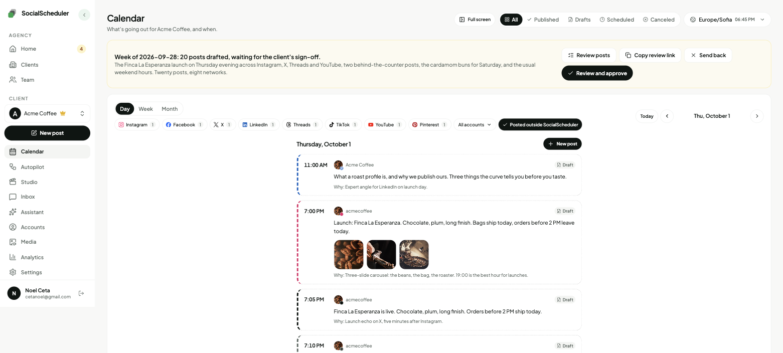 The calendar day view for the client Acme Coffee, with the client switcher in the sidebar and five drafted posts, each with its time, network and the reason it was planned