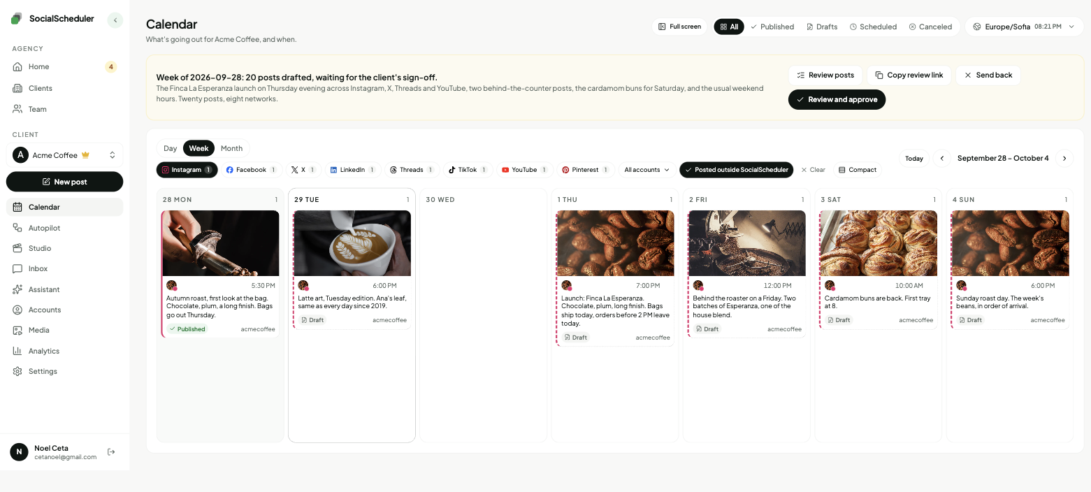 The SocialScheduler calendar week view filtered to Acme Coffee's Instagram posts, with photos, times and draft badges