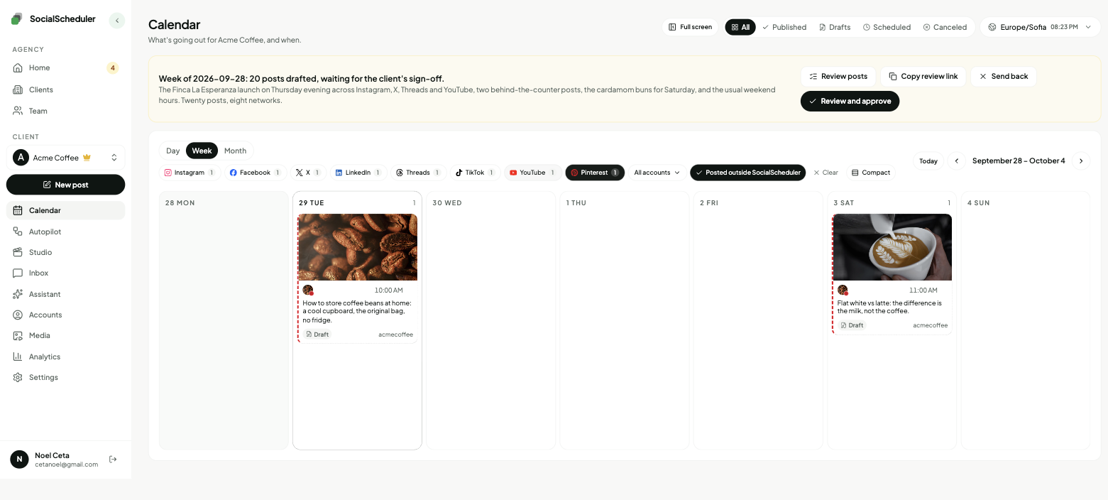 The SocialScheduler calendar week view filtered to Acme Coffee's Pinterest posts, with photos, times and draft badges