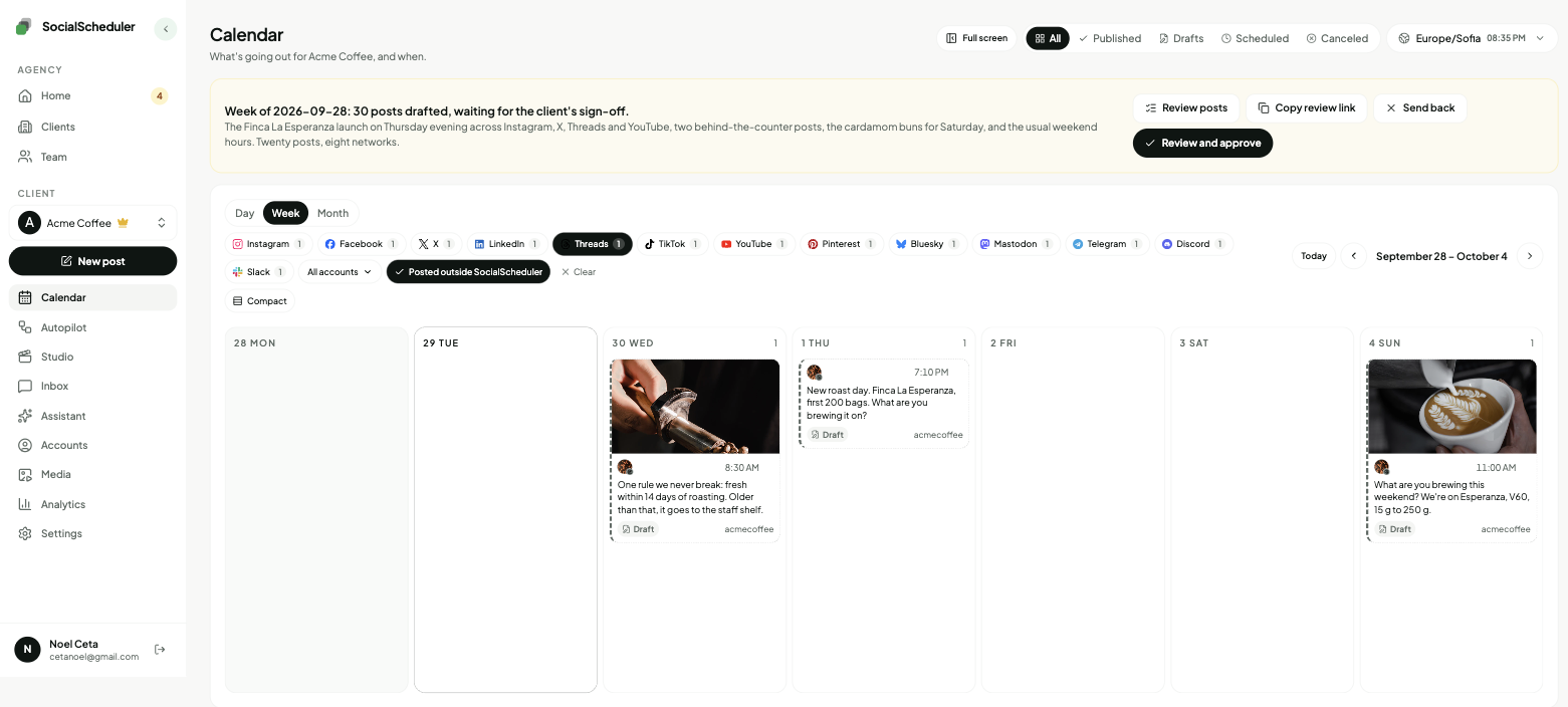 The SocialScheduler calendar week view filtered to Acme Coffee's Threads posts, with photos, times and draft badges