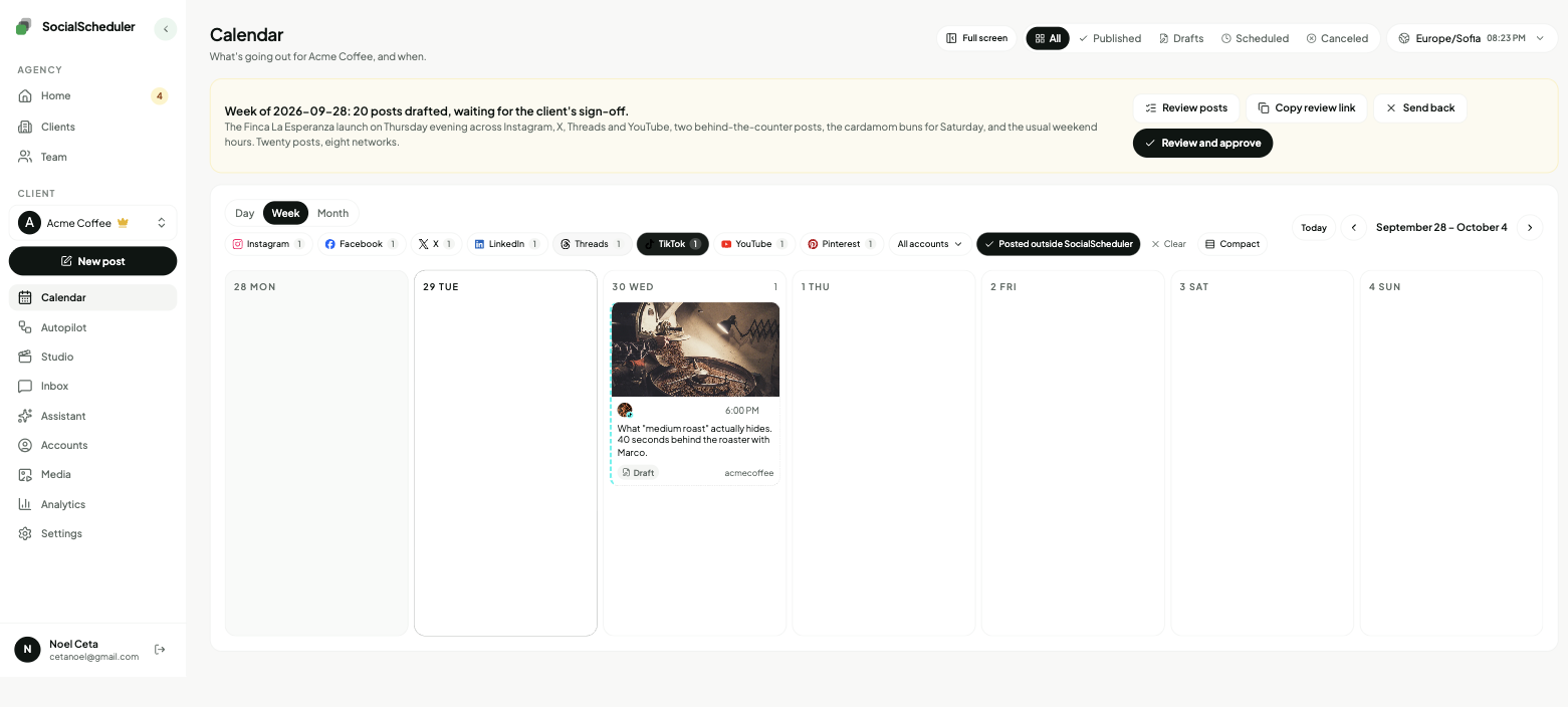 The SocialScheduler calendar week view filtered to Acme Coffee's TikTok posts, with photos, times and draft badges